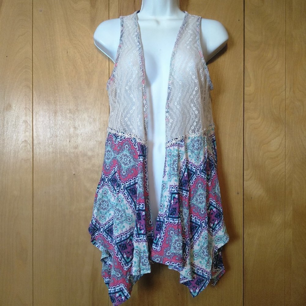 SELF ESTEEM Boho Lace Multicolored Open Flowy Vest Size Small Festival Hippie